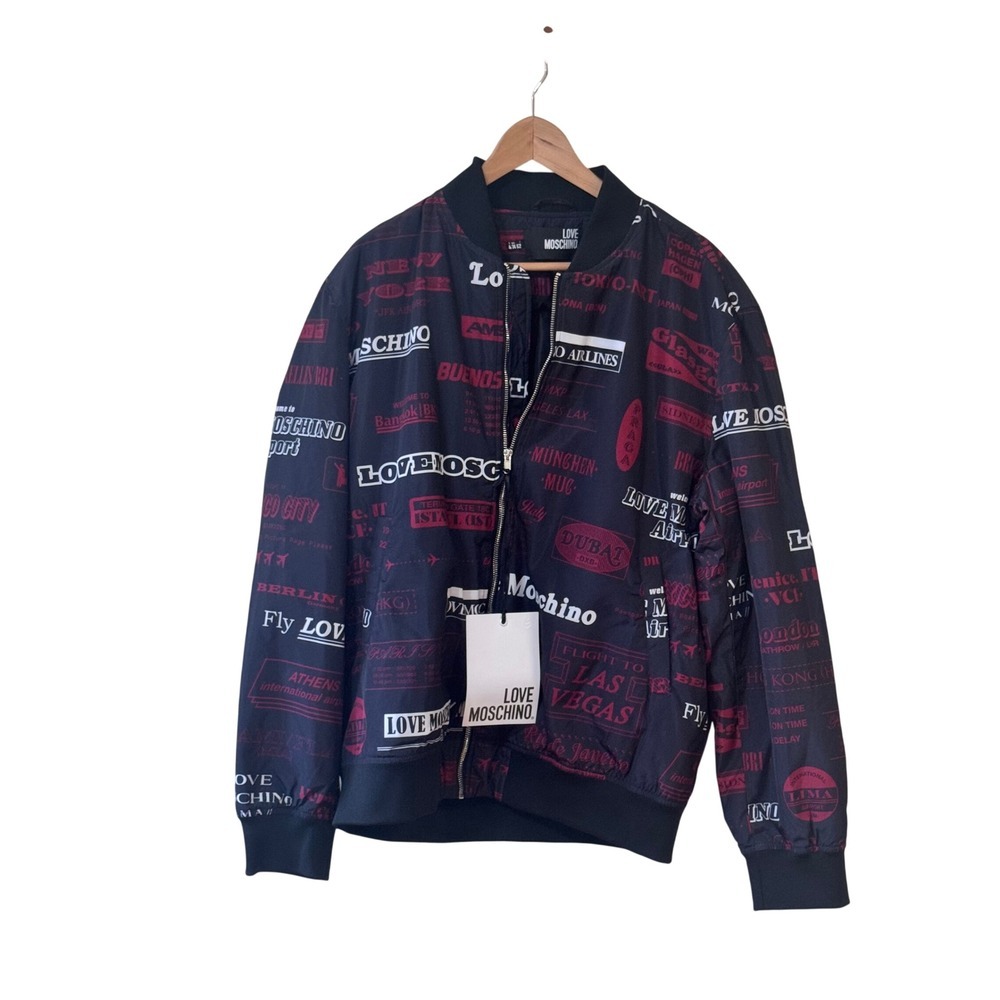 Love Moschino Mens Airlines Print Bomber Jacket Black Red 697 00 T 9803 Size 52